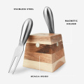 Yuming Factory Amazon Hot Sale 4 Small Stainless Steel Cheese Knives and Fork with Magnetic Acacia Wood Holder